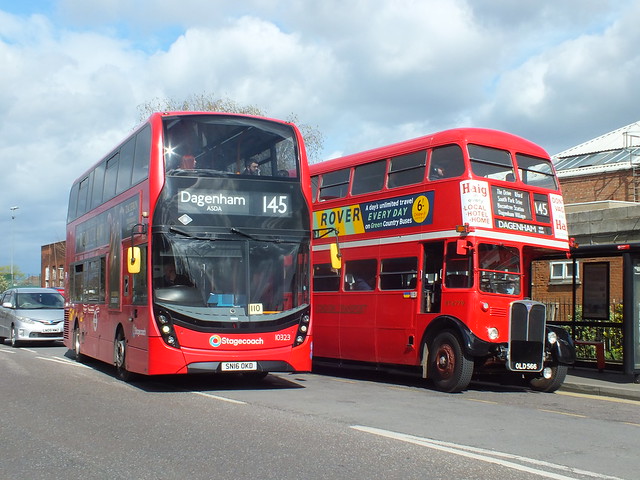 London transport comparisons, SN16OKD Stagecoach London Enviro 400 MMC with preserved OLD566 AEC Regent III in Barking