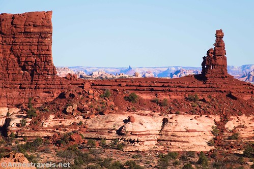 The Mother and Child Formation (right) with the Sixshooter Peak (in the Needles District) in the center from the Golden Stairs Trail, Maze District of Canyonlands National Park, Utah