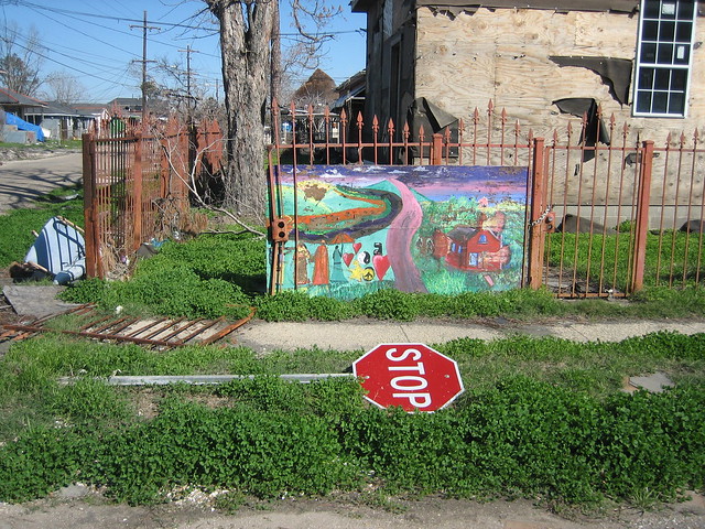 Lower 9th Ward New Orleans Feb 2006 Mural & Downed Stop sign