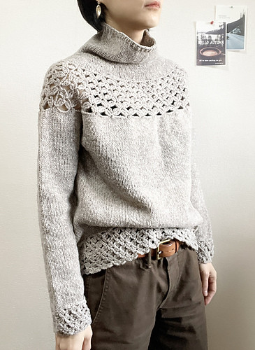 The Link Sweater by Tomomi Yoshimoto combines crochet and knitting.
