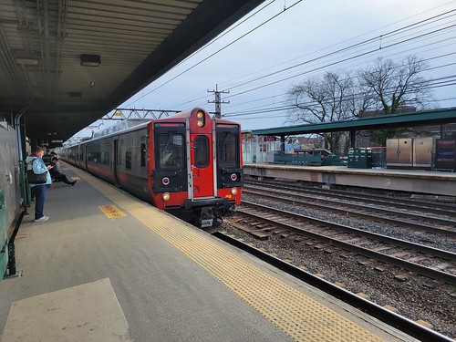 Metro-North railroad car passing the Port Chester station on its way to Grand Central, Port Chester, New York (USA) 