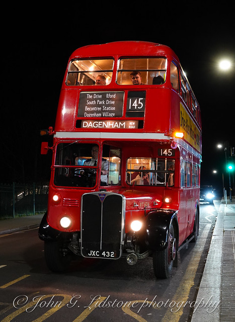 Last heritage bus of the day - at night! London Transport AEC Regent III RT624, JXC 432  taking part in the Barking Garage centenary running day by the London Bus Museum