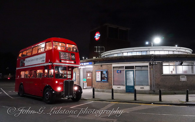 Last heritage bus of the day - at night! London Transport AEC Regent III RT624, JXC 432  taking part in the Barking Garage centenary running day by the London Bus Museum