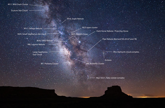 Milky Way with labelled features, rising between Chacra Mesa and Fajada Butte, Chaco Culture National Historic Park, New Mexico