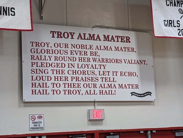 Troy Alma Mater song, sign, Troy High School, Fullerton, California, USA