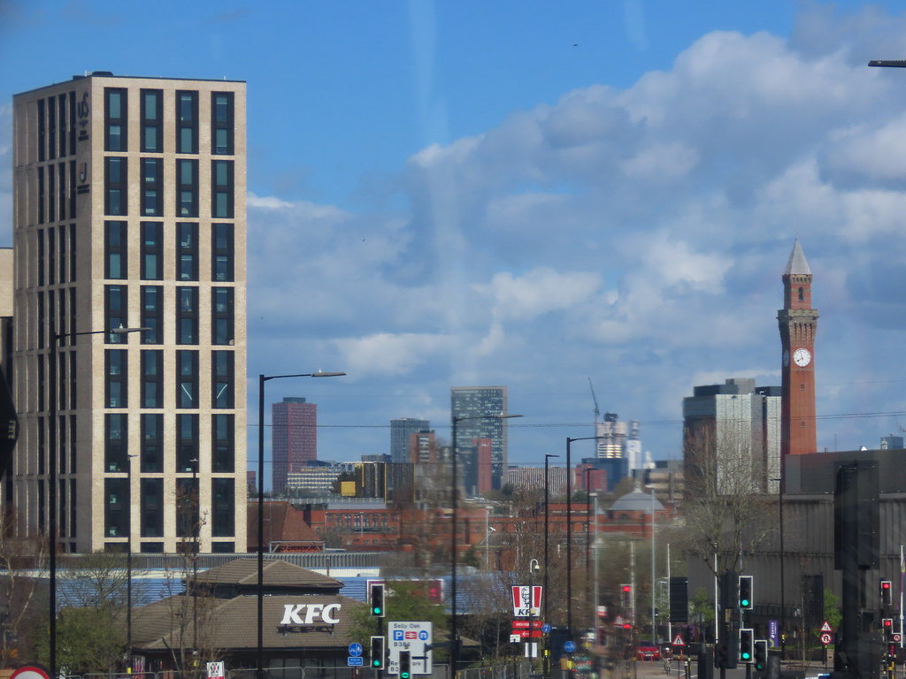 Birmingham skyline from Bristol Road, Selly Oak to Old Joe