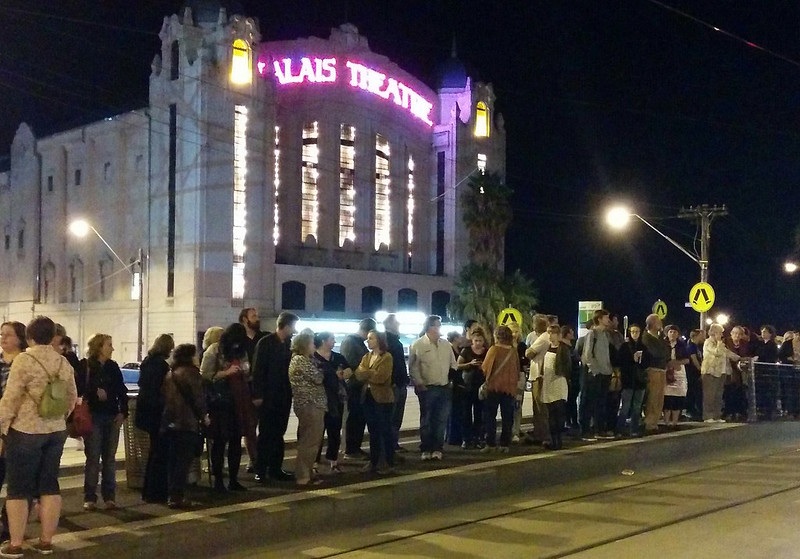 Waiting for a tram after a Billy Bragg concert at the Palais Theatre in St Kilda, March 2014