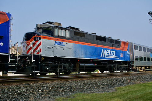 7-24-23, Metra F59PH 94 Recently painted 94 as the second unit on Metra train 2135 at Lake Forest, IL. Ex. GO Transit 523.