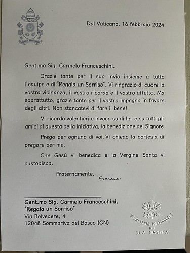 20240313_Papa Francesco ringrazia per il Programma Regala un Sorriso 2024