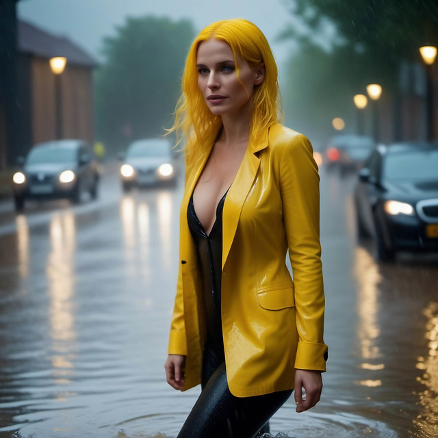 Ein Porträt einer Frau mit gelben Haaren und gelber Jacke in der Stadt zeigt ihre lebendige Persönlichkeit, während sie von der urbanen Umgebung umgeben ist.