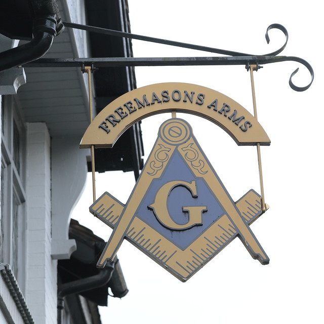 The Freemasons Arms pub sign Droitwich Spa Worcestershire UK