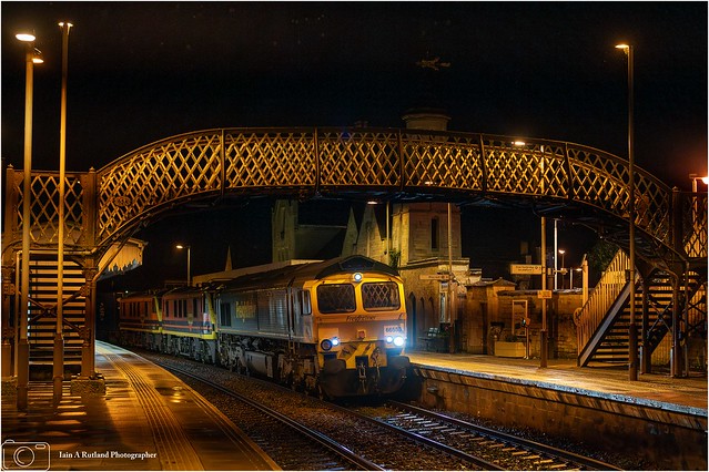 not the best photo but the station lights were dancing...! and its still a bit grainy! but best i could do with the circumstances  Freightliner 66553 + 90011 90015 4L86 Trafford Park to Felixstowe at Stamford Lincolnshire 02-04-2024