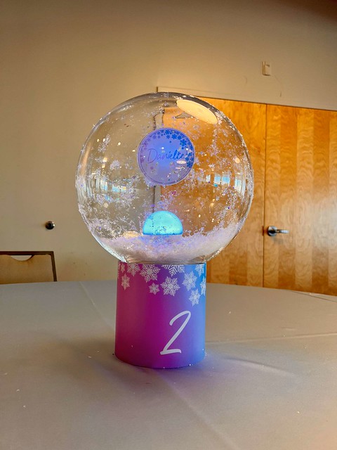 Large Snow Globe Centerpiece with Custom Suspended Sign