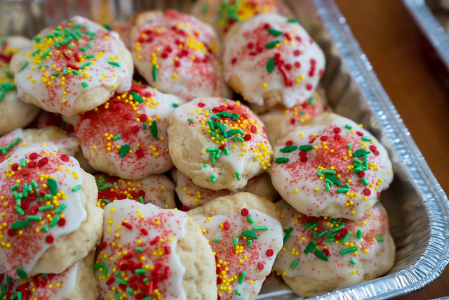 Italian Lemon Ricotta cookies, homemade, in a serving tray, decorated for Christmas