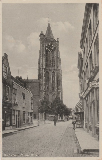 Ansichtkaart - Gorinchem, Groote Kerk (Uitg. J. Sleding, Amsterdam, ongelopen) vishandel G.J. van Rooijen
