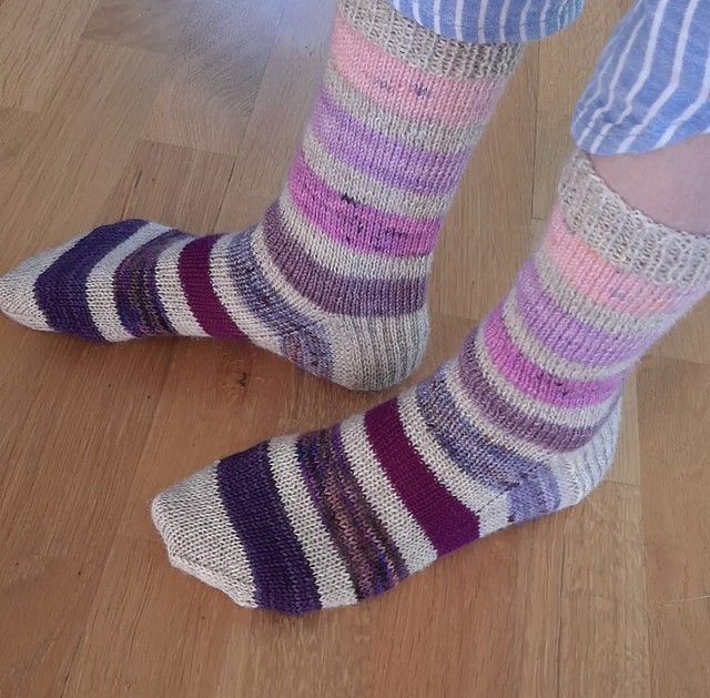 Anna (@kollar.annie) knit this pair of striped socks for her eldest using leftovers from other projects.