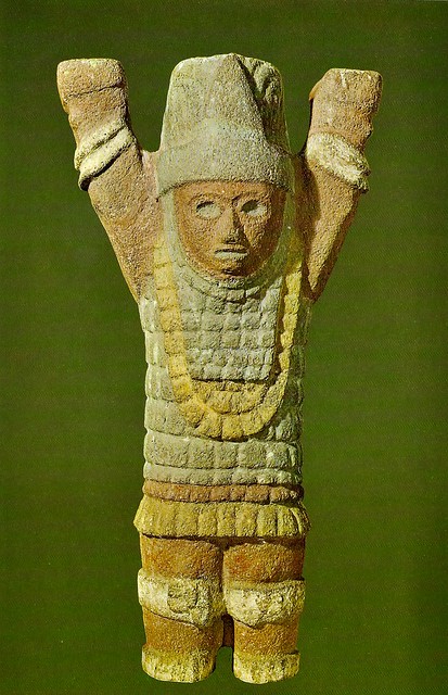 Atlantean figure with raised arms (Toltec culture A.D. 856-1168)), Painted basalt, National Museum of Anthropology, Mexico City