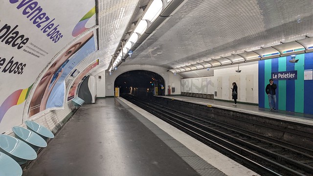 Platforms at Le Peletier Metro Station in Paris, France