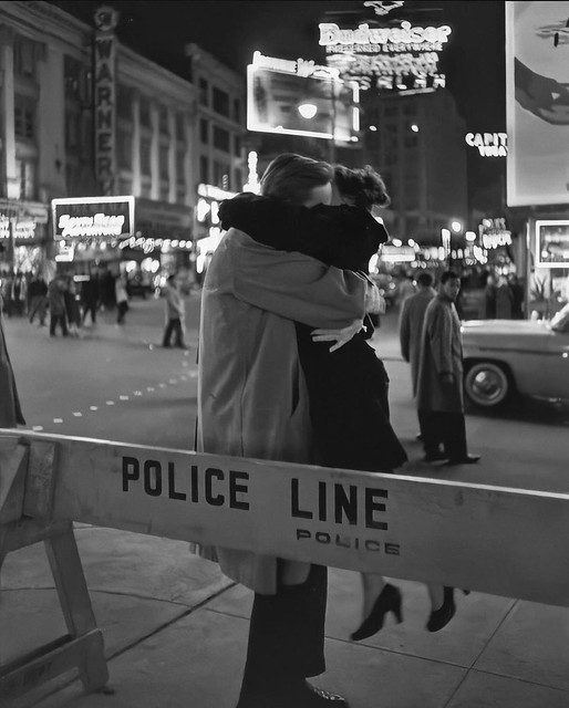 1959, a couple celebrate New Years at 48th and Broadway in Midtown Manhattan.