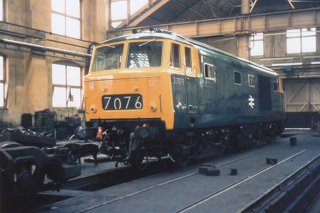 Now preserved, Beyer Peacock Class 35 Hymek diesel-hydraulic D7076 inside Swindon works.