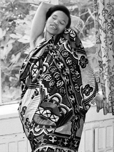 Chumie Lovely South African Nurse in Green West African Ethnic Cultural Cloth with Zulu Beads Portrait Photoshoot Havercourt Studio London B&W July 2001  086