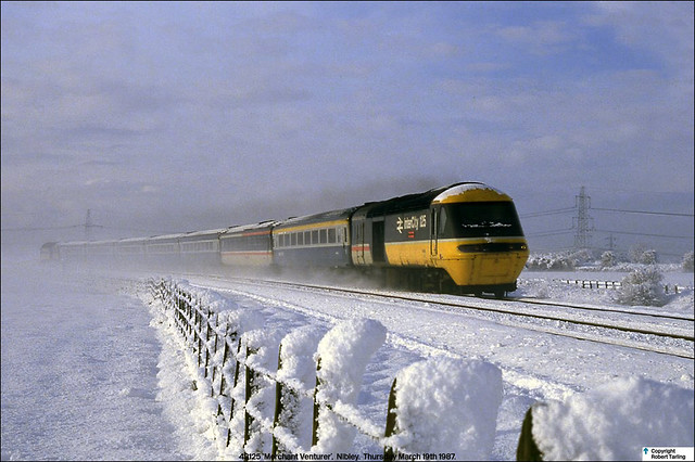 43125 'Merchant Venturer' leads an Up HST through a snowy Nibley, March 19th 1987