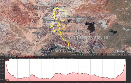 Visual route map and elevation profile for my hike in the Painted Desert on the Wilderness Route (and Onyx Bridge), Petrified Forest National Park, Arizona