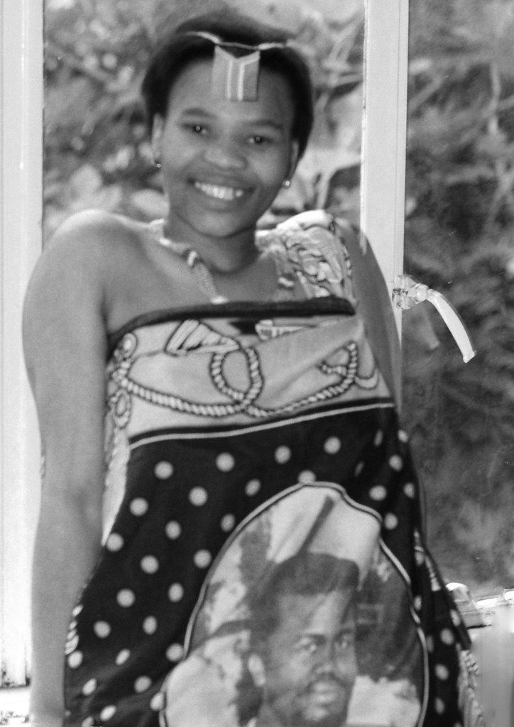 Chumie Lovely South African Nurse in Swazi King Mswati III Ethnic Cultural Cloth with Zulu Beads Portrait Photoshoot Havercourt Studio London B&W July 2001 103