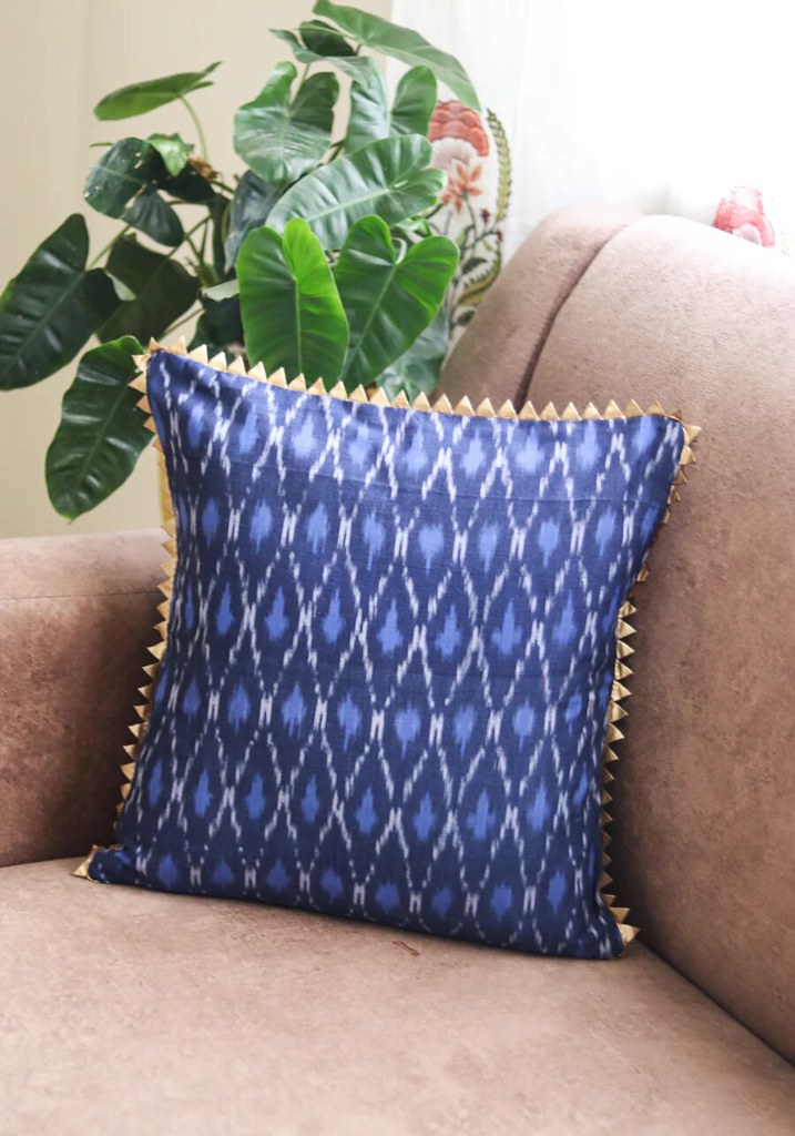 Festive handloom Ikat cushion cover - Navy Ikat cushion cover with trim