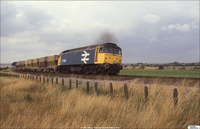 RXLD parcels sector 47489 works a loaded ARC train away from Yate at Nibley, July 27th 1989