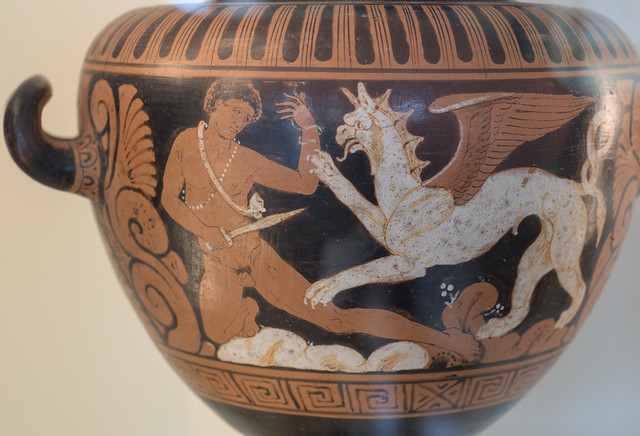 Etruscan Red Figure stamnos with a gryphon combat, 2