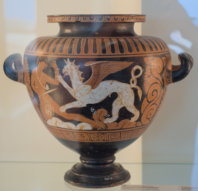 Etruscan Red Figure stamnos with a gryphon combat, 1