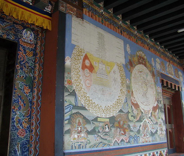 pintura mural al fresco budista interior monasterio fortaleza Tashichoe Dzong Timbu Bután 41