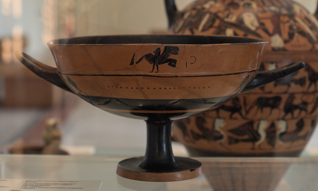 Athenian Black Figure kylix (lip-cup) with a sphinx signed by Tleson