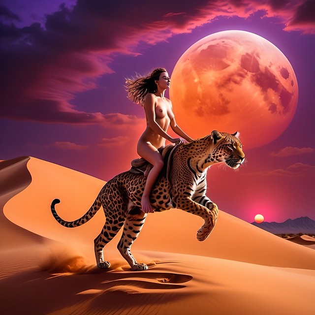Young woman rides leopard in the desert