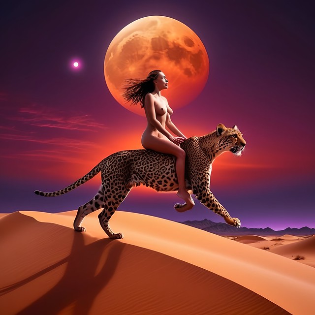 Young woman rides leopard in the desert