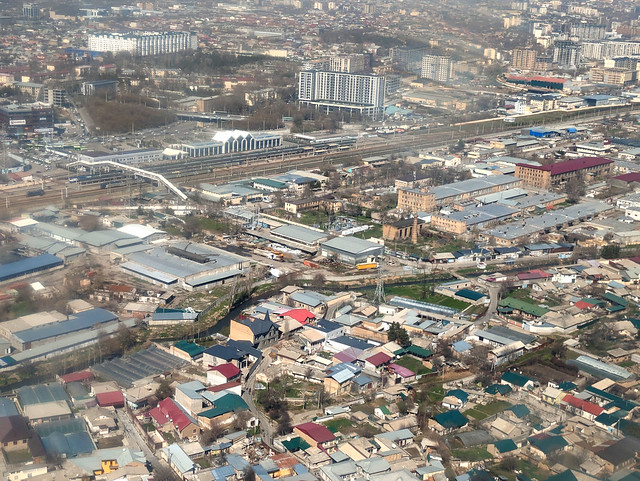 View down to Tashkent-Yuzhny  Railway Station (upper left) - On the Airplane from Abu Dhabi, UAE to Tashkent, Uzbekistan