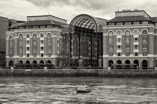 London. Architecture on the Thames waterfront: Hay's Galleria.