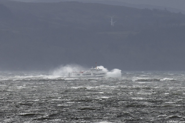 Storm Kathleen: CalMac's passenger ferry Argyll Flyer on route to Dunoon, Argyll, Scotland.