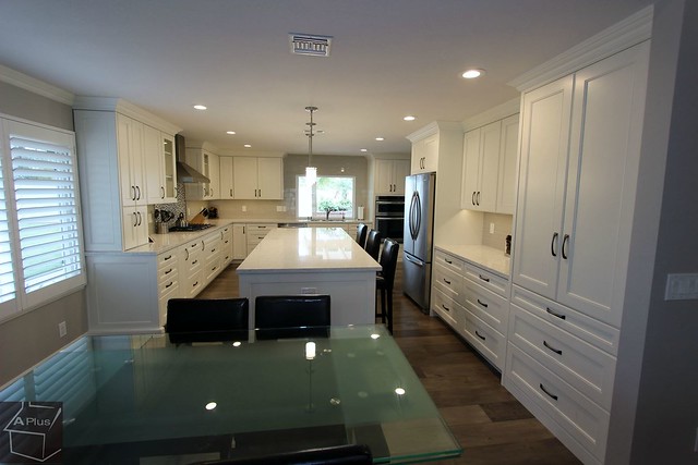 Classic style, Transitional Kitchen & Home Remodel with custom white cabinets wood floors in city of Yorba Linda Orange County https://www.aplushomeimprovements.com/portfolio_page/yorba_linda_orange_county_kitchen_home_design_build_remodel-98/