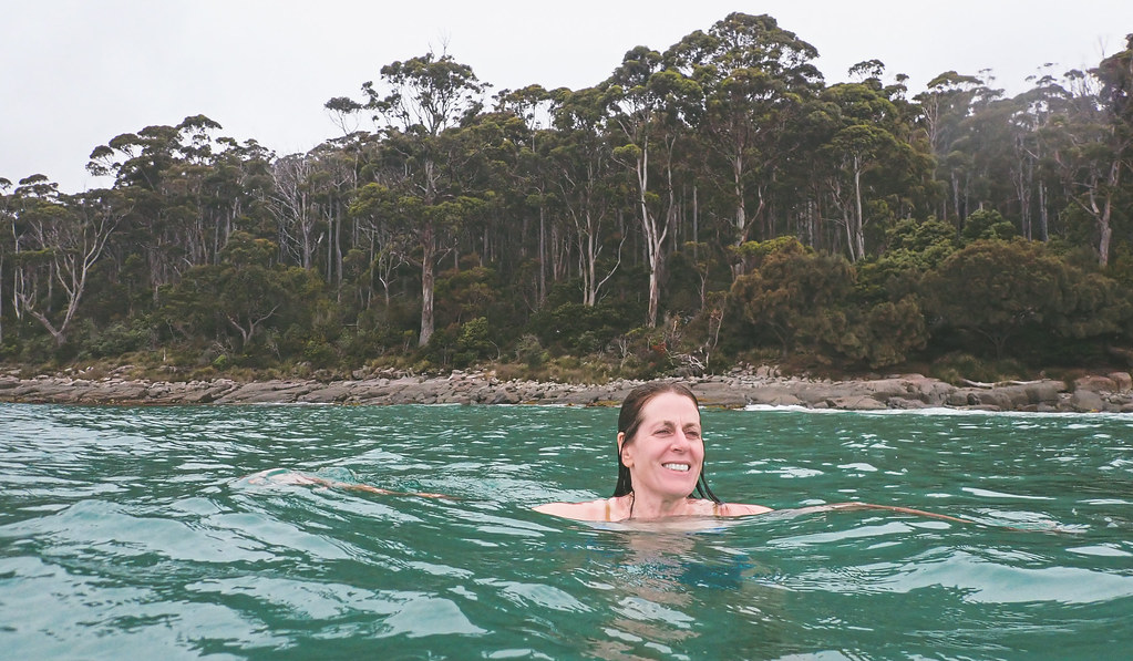 Jen in the drink, Fortescue Bay, Tasman National Park, Tasmania