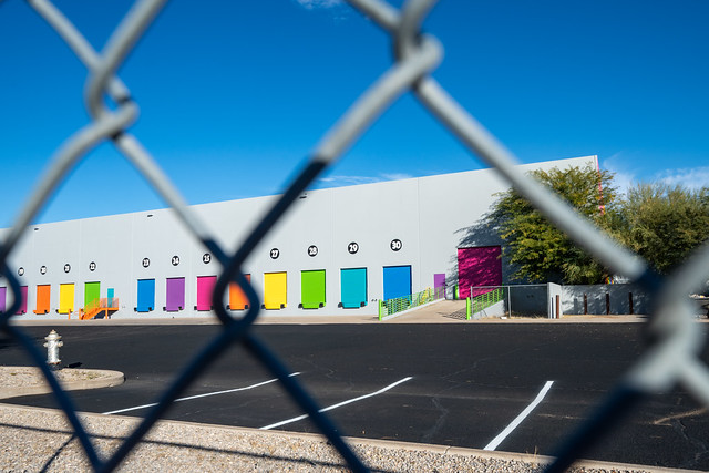 Tucson, Arizona - December 20, 2023: Abandoned but brightly rainbow colored Lisa Frank warehouse, known for producing colorful school supplies in the 1980s and 1990s