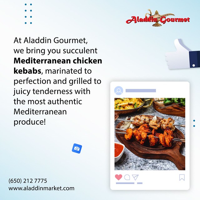 At Aladdin Gourmet, we bring you succulent Mediterranean chicken kebabs