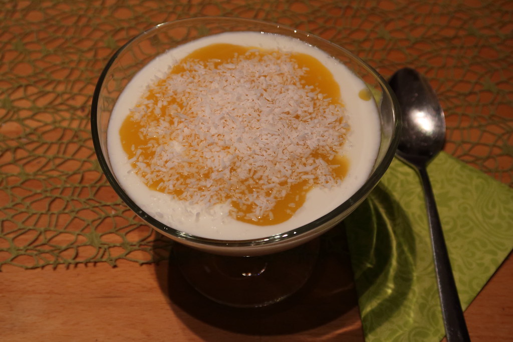 Joghurt mit Mangopüree und Kokosraspeln (meine Portion)