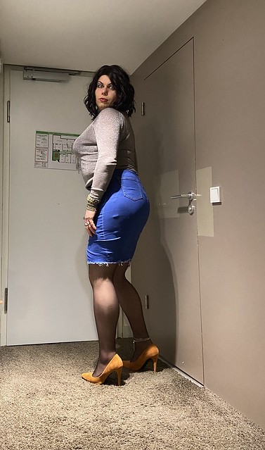 business trip in tight denim and stockings