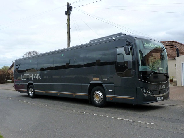 Lothian Motorcoaches Volvo B8R Plaxton Leopard YSL699 9204, formerly SB19GKJ, new in April 2019, on rail replacement duties, at Orchardfield, East Linton, on 8 April 2024.