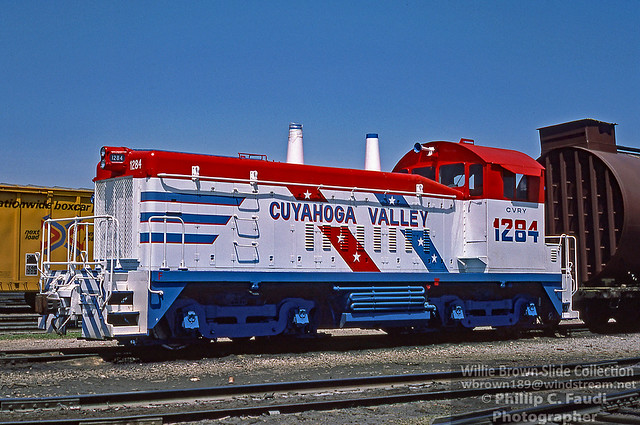 Cuyahoga Valley SW1200 #1284 {built 3/57} in Bicentennial scheme seen at Riverdale, IL on 5/9/76.