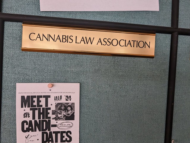 Cannabis Law Assocation sign, corkboard, UCLA Law School, Los Angeles, California USA