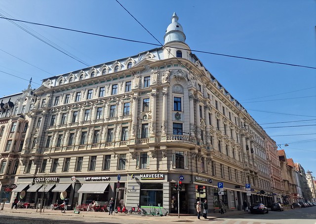 Anno 1901: residential house with shops at corner of Krišjāņa Barona Street and Dzirnavu Street in city core of Riga, Latvia. April 9, 2024