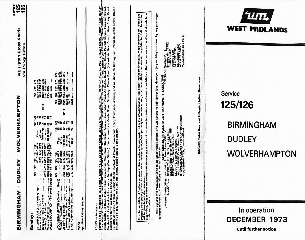 Front and back of the first West Midlands PTE timetable leaflet for the 125 & 126 services between Birmingham, Dudley and Wolverhampton - dated December 1973. The 125 & 126 routes were transferred from Midland Red to WMPTE in December 1973.